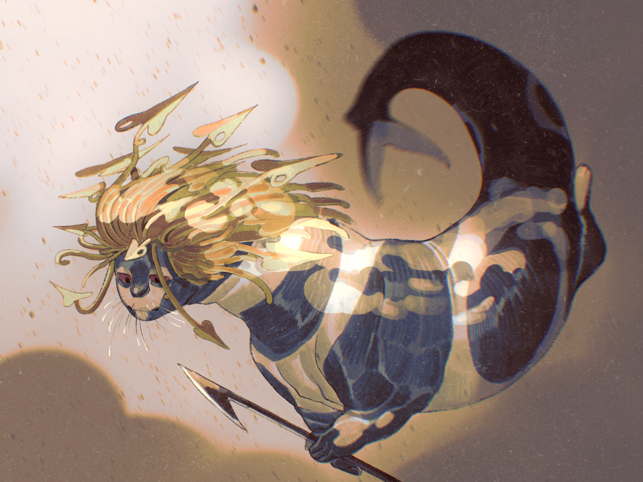 Painting of Huarvaa, a phocid with strong black and white ribbon patterns and long hair made of plant material, holding a spear while swimming.