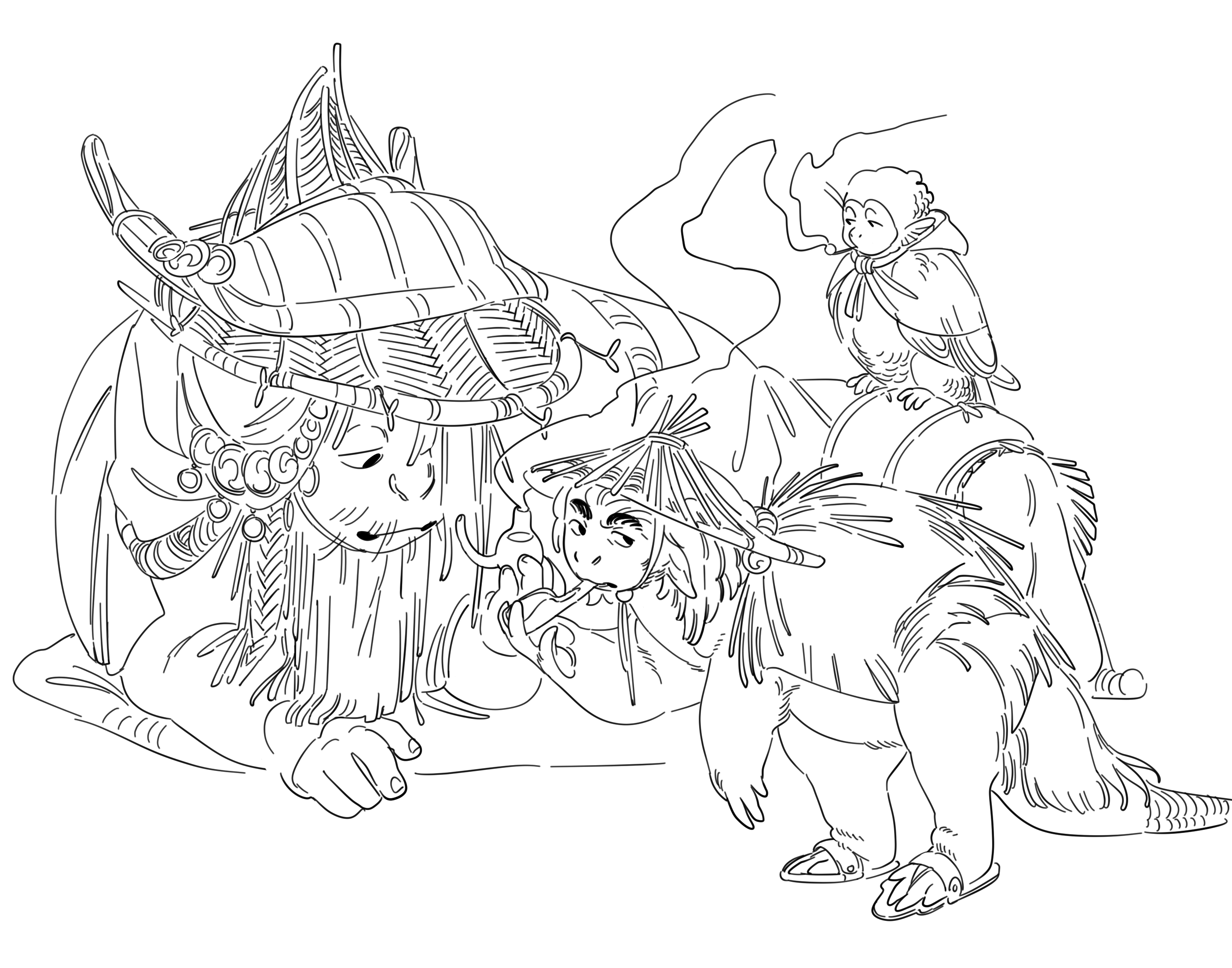 Line drawing of several Sirenians smoking together. There is a large phocid wearing an elaborate hat with a fringe of reeds holding a pipe, a shorter selkie with a reed cloak and sandals, and a tiny shortwing harpy perched on the phocid's tail. 