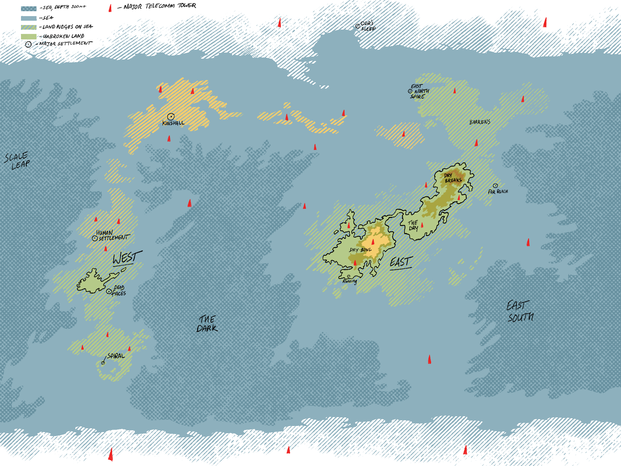 World map of Siren. It is hand drawn and shows mostly vast ocean with two small continents.Most of the continents are partialle submerged, labelled as being made of 'land ridgese on sea'. Major settlements are scatterred around with the greatest continuous area of land in the Eastern continent. Telecomm towers are found throughout the map. 