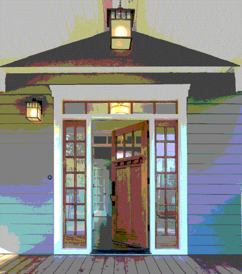 dithered photo of an open door