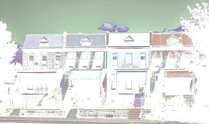 dithered photo of some houses