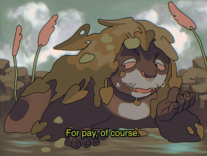 Faux animation cell showing Huarvaa half-submerged in water. Subtitles read "For pay, of course."